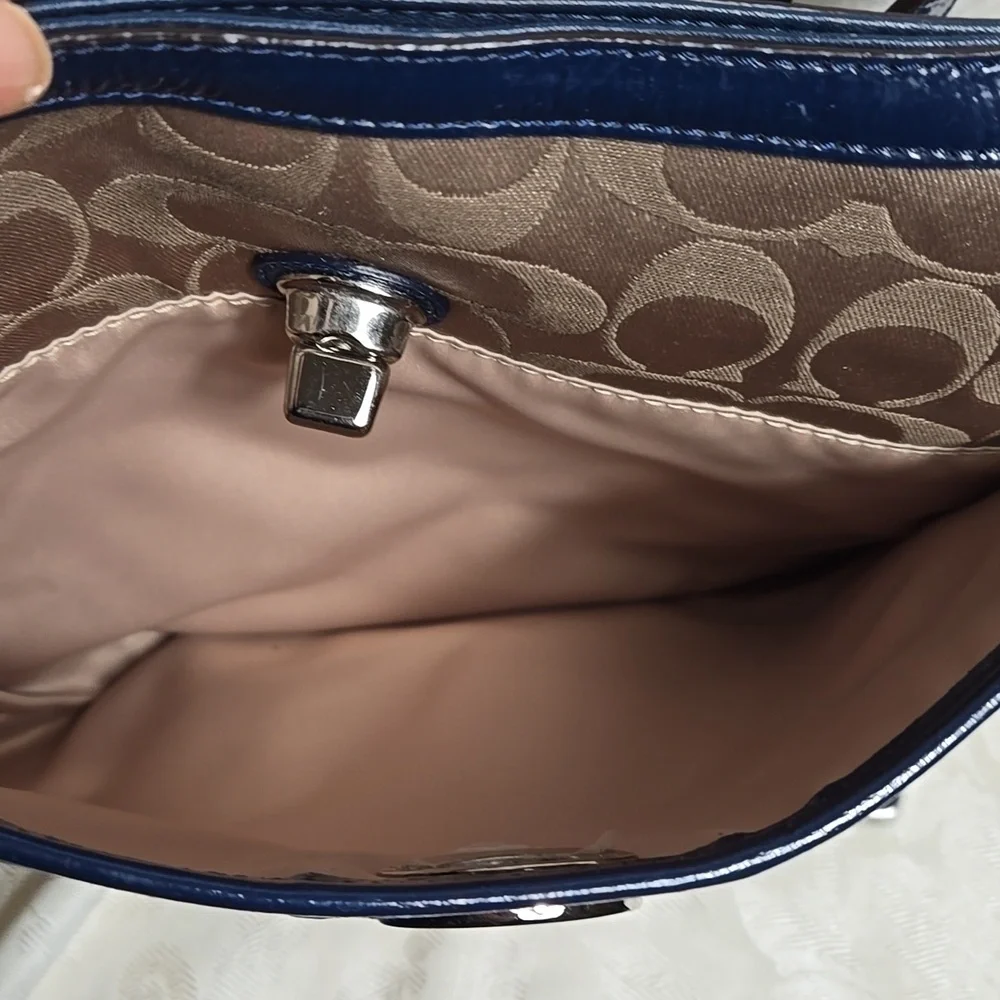 Coach Penelope Tan and Blue Satin With Patent Leather Crossbody Bag